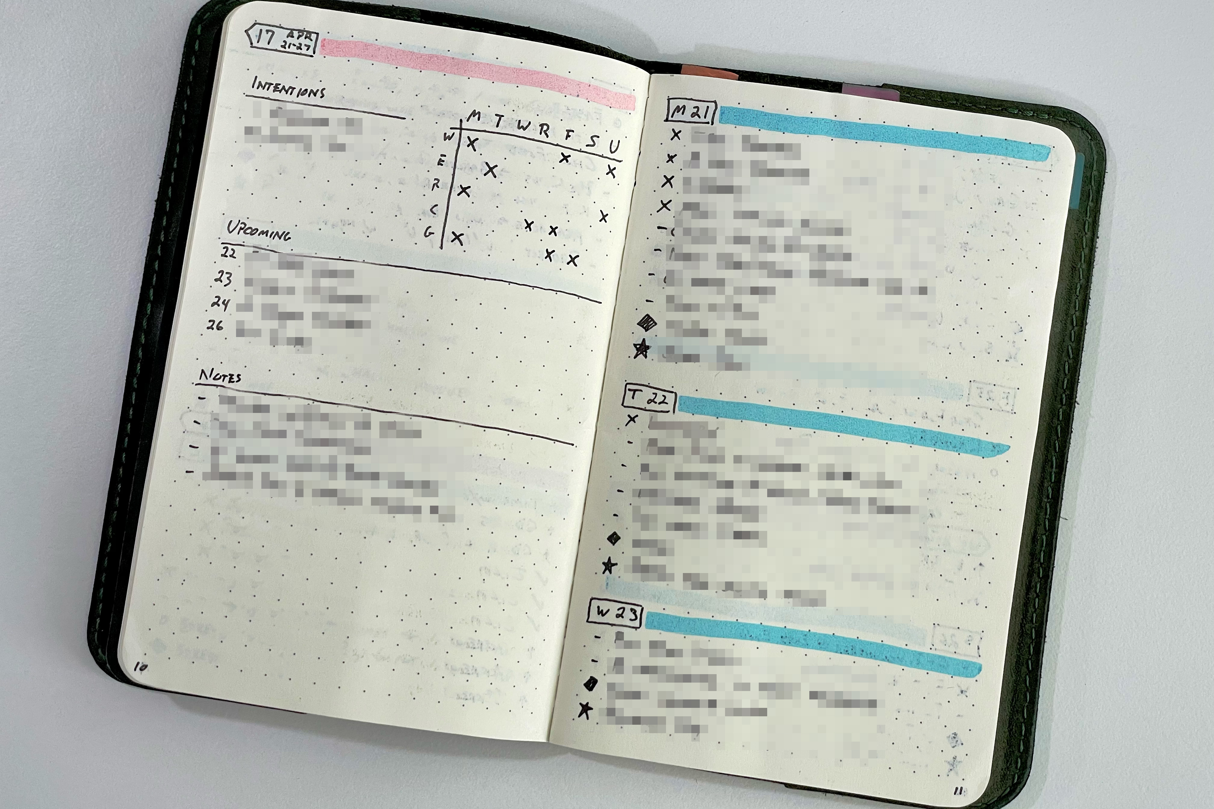 photo of pocket notebook opened up to week spread with a few daily logs on the right